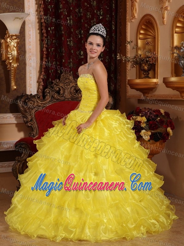 Beaded Bright Yellow Quinceanera Gown Dress with Ruffled Layers