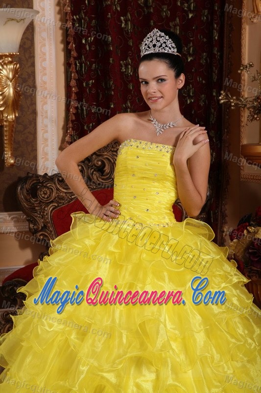 Beaded Bright Yellow Quinceanera Gown Dress with Ruffled Layers