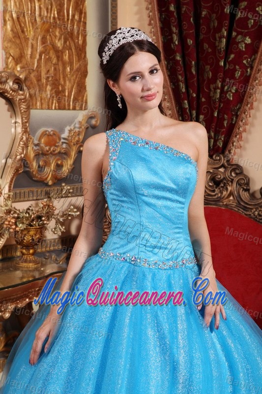 Beaded Blue One Shoulder Quinceanera Gown Dress with Full Sequins