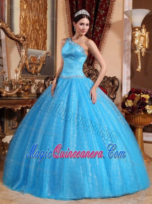 Beaded Blue One Shoulder Quinceanera Gown Dress with Full Sequins