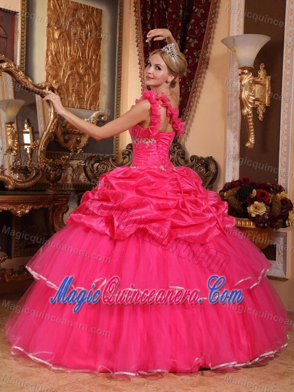 Hot Pink One Shoulder Dresses for A Quince with Flowers Pick ups