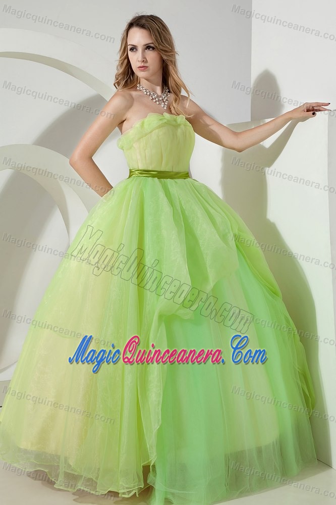 Spring Green Organza Sash Dresses for A Quince of Floor Length