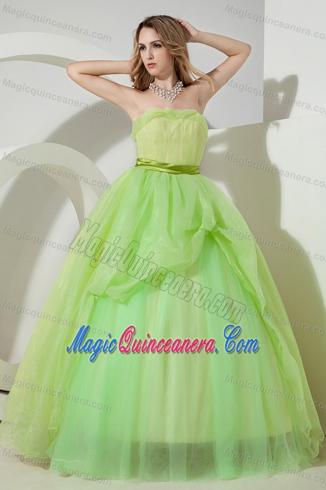 Spring Green Organza Sash Dresses for A Quince of Floor Length