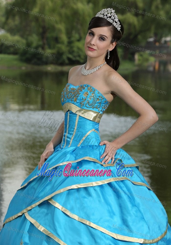 Mexicali Mexico Appliqued Frilly Aqua Blue Dresses for A Quince