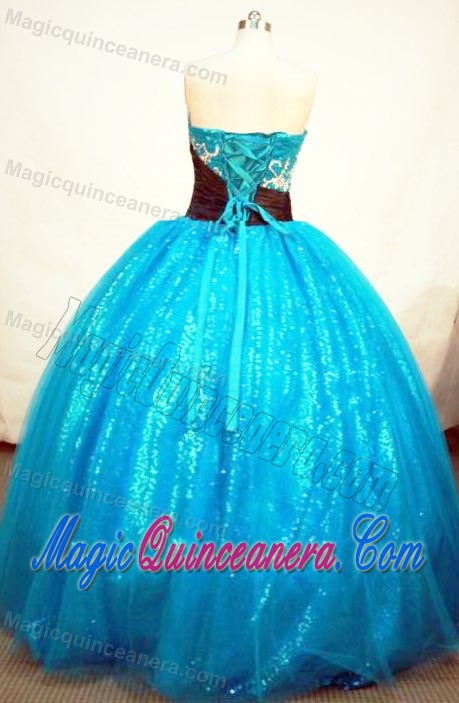 Sequin Tulle Strapless Appliques Aqua Blue Black Sash Quinces Dress