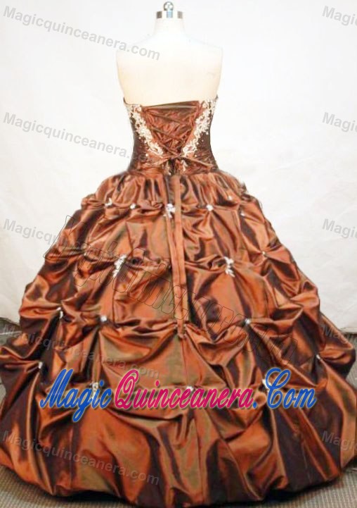 Popular Pick Ups Strapless Appliques Taffeta Brown Quinceanera Dress