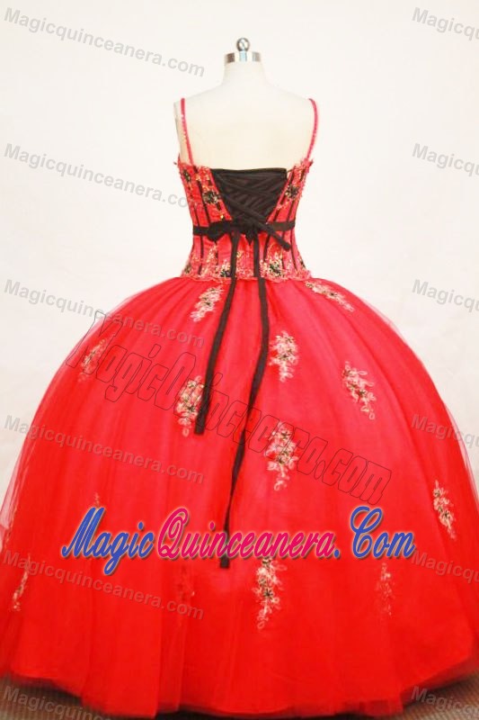 Straps Appliques Tulle Red Quinceanera Dresses with Cute Black Sash