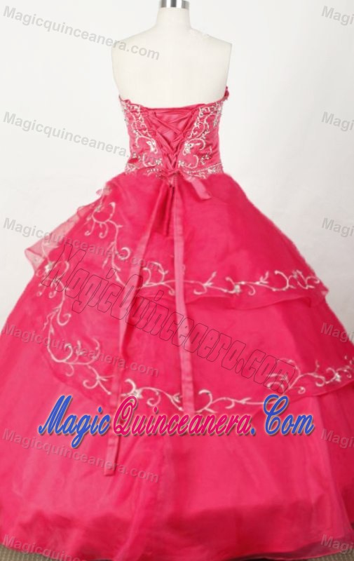 Floor-length Embroidery Strapless Red Layers Dress For Quinceaneras