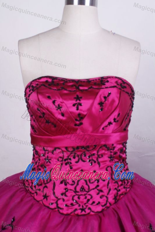 Embroidery Strapless Layers Hot Pink Lace Up Back Quinceanera Gown