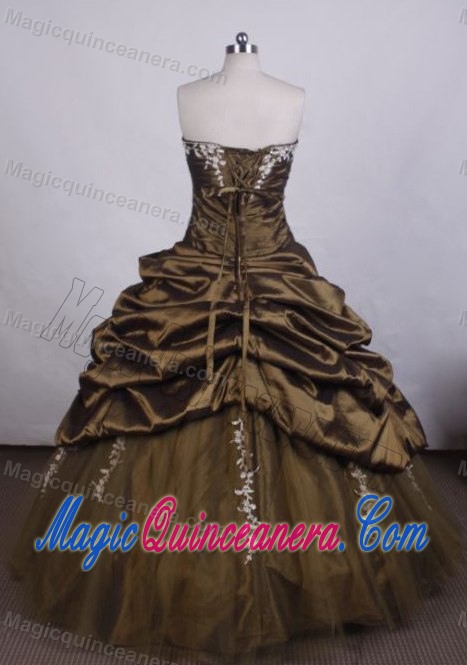 Strapless Applique Beading Pick Ups Brown Lace Up Sweet 16 Dress