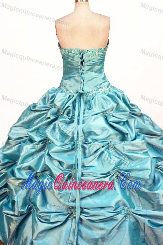 Affordable Pick-ups and Beading Strapless Blue Quinceanera Dresses