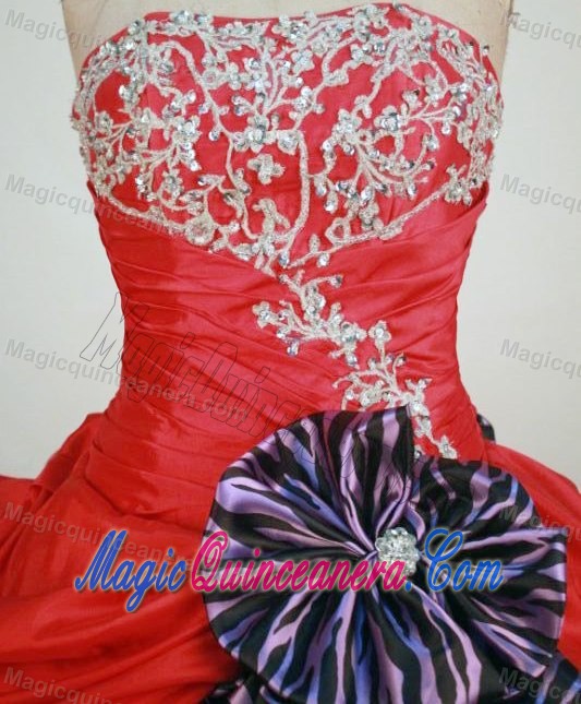 Zebra and Taffeta Strapless Red Beading and Appliques Quinces Dresses