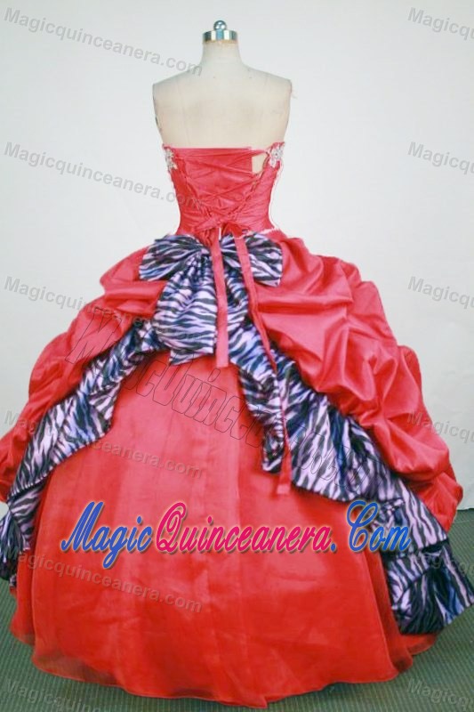 Zebra and Taffeta Strapless Red Beading and Appliques Quinces Dresses