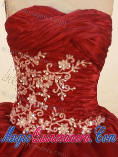 Brand New Ruching Sweetheart Wine Red Appliques Quinceanera Gowns