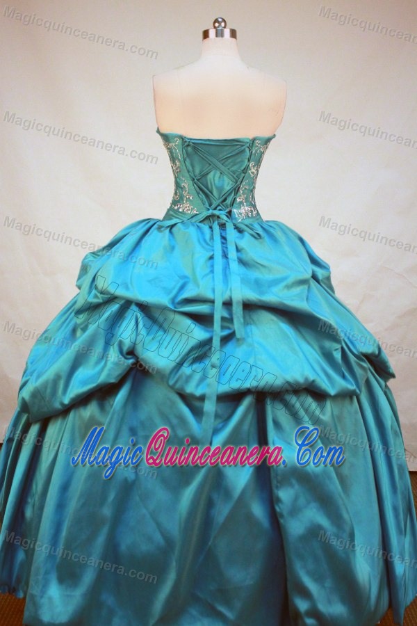 Strapless Pick-ups Blue Appliques and Beading Quinceanera Dresses