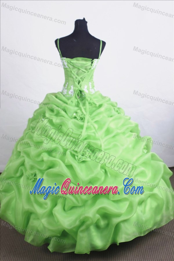 Straps Hand Made Flowers and Appliques Quinceanera Dresses in Spring Green