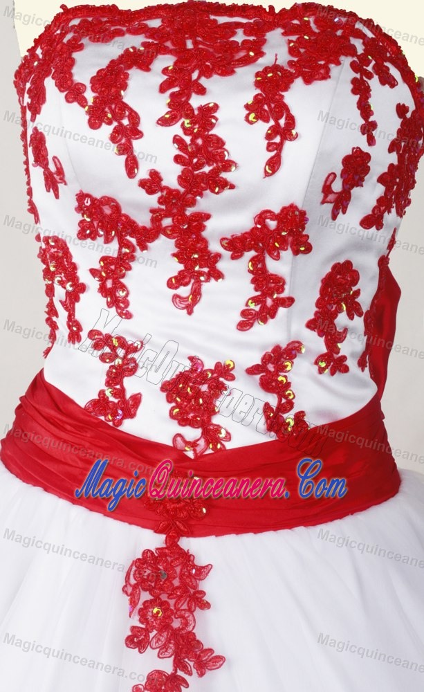 White and Red Strapless Appliques and Sash Quinceanera Gown Dresses