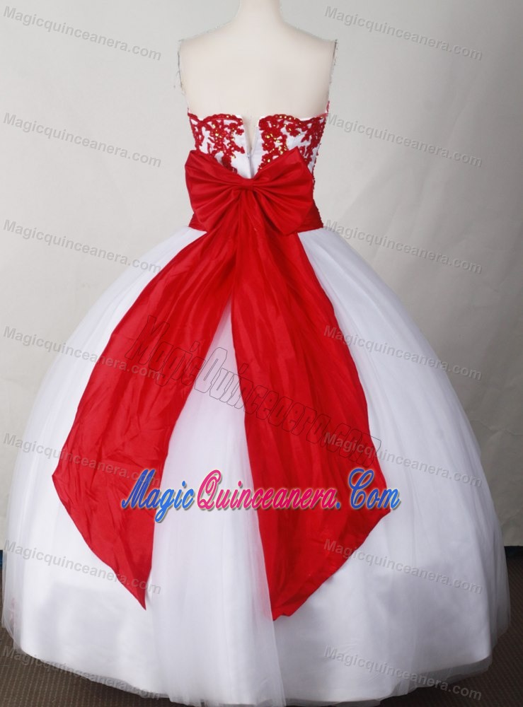 White and Red Strapless Appliques and Sash Quinceanera Gown Dresses