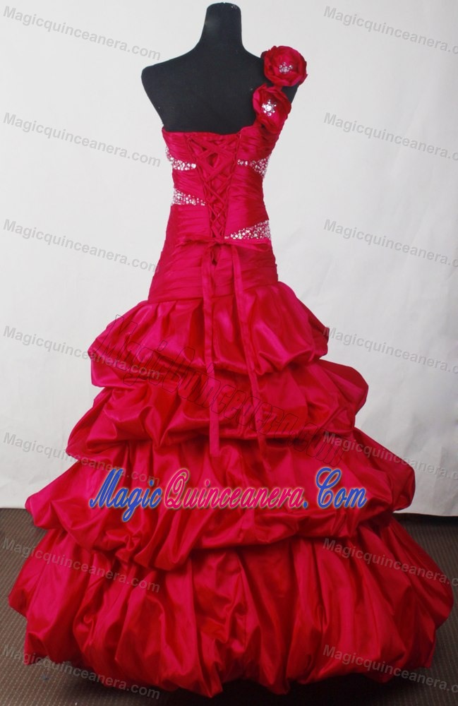 Hand Made Flowers One Shoulder red Floor-length Beading Quinceanera Gowns