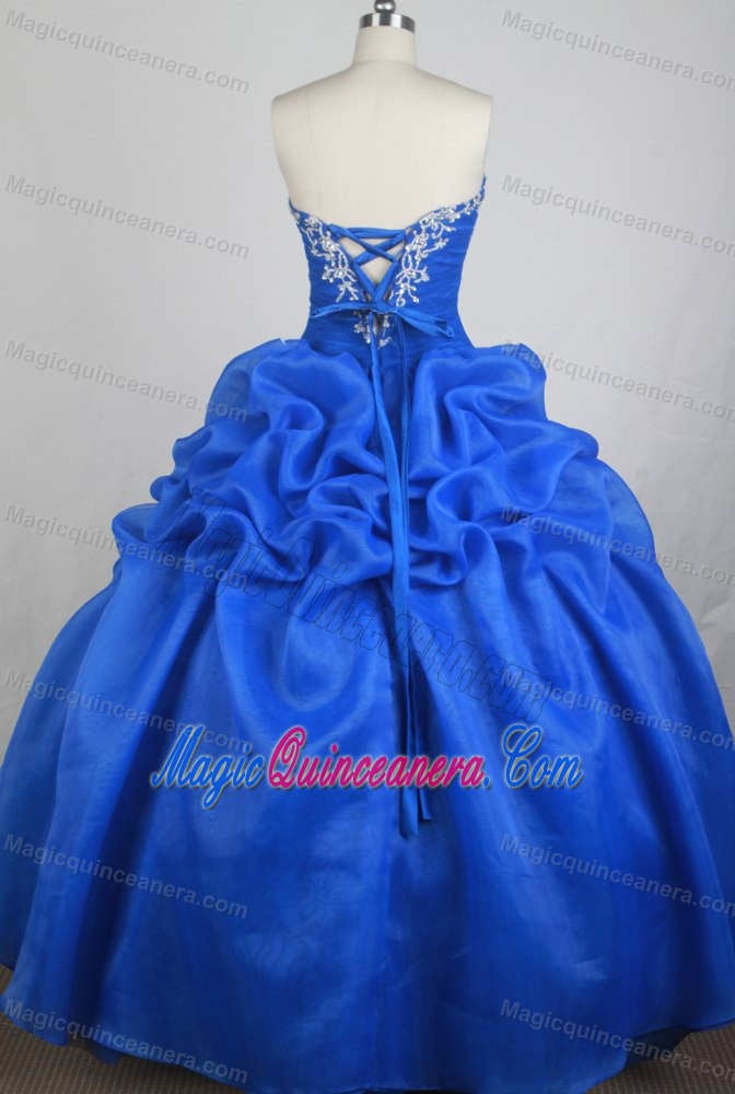 Royal Blue Quinceanera Dress with White Appliques and Ruffles Back