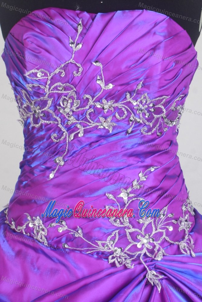 Quinceanera Dress in Purple Made in Taffeta and Silver Appliques