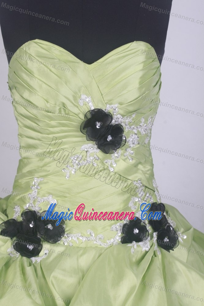 Yellow Green Quinceanera Dress Decorated Black Handle Flowers