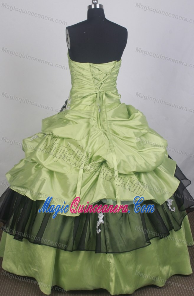 Yellow Green Quinceanera Dress Decorated Black Handle Flowers