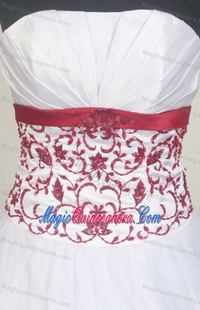 White Quinceanera Dress Embellished Red Appliques and Bustline