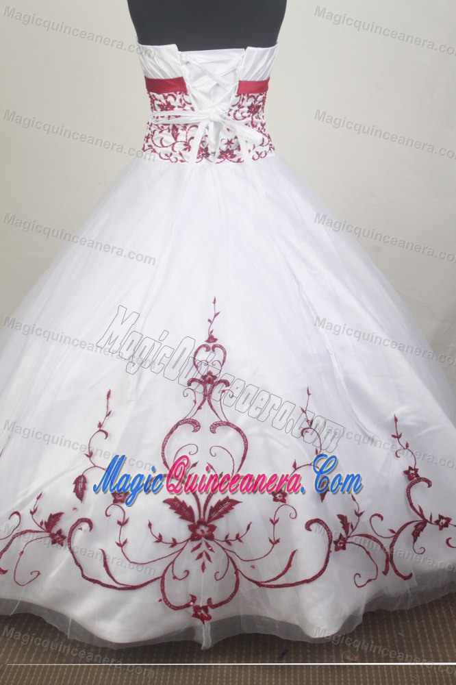 White Quinceanera Dress Embellished Red Appliques and Bustline