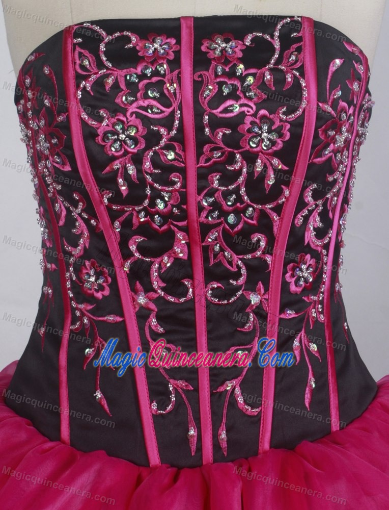 Hot Pink and Black Quincenera Dresses Embellished Boning Details