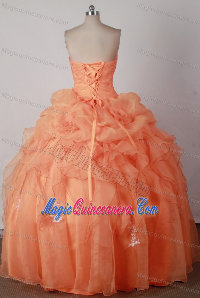 Orange Red Quincenera Dresses Embellished with Hand Flowers