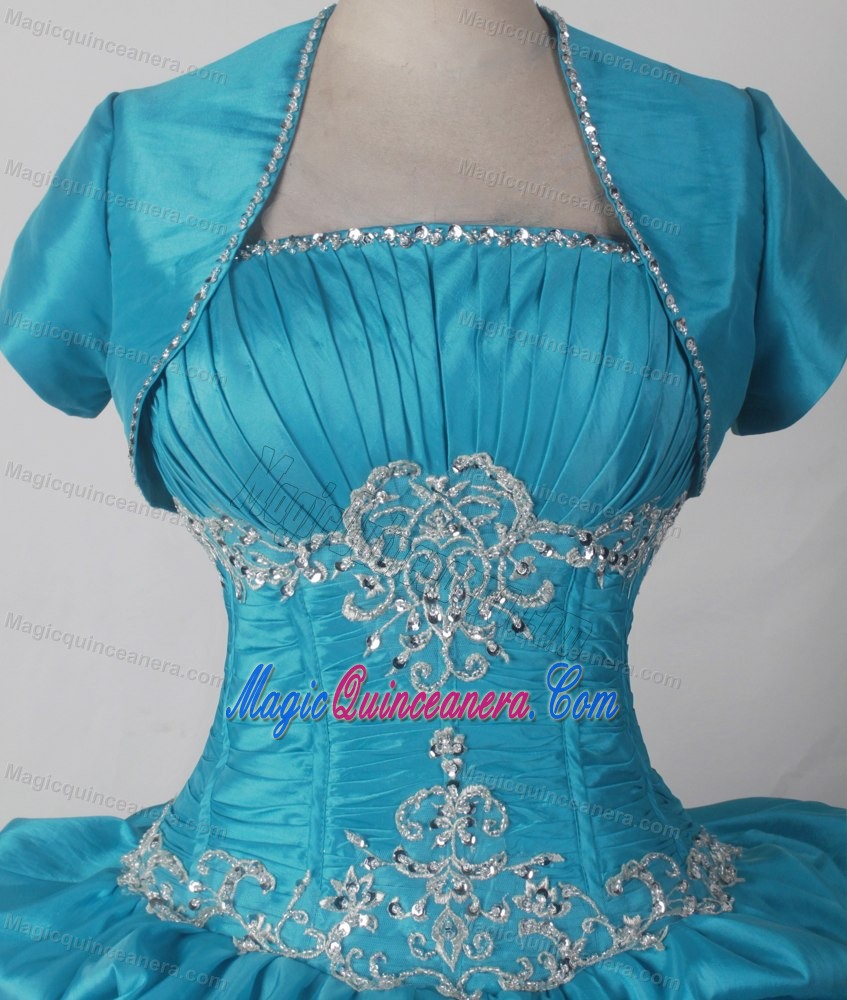 Turquoise Quniceanera Dress with Jacket and Beaded Appliques