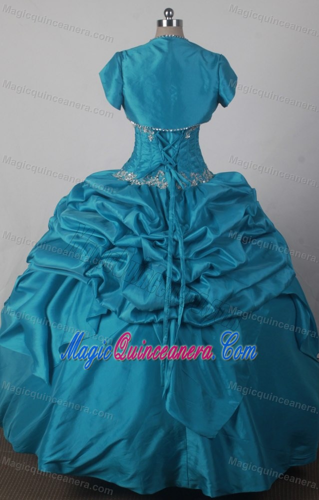 Turquoise Quniceanera Dress with Jacket and Beaded Appliques