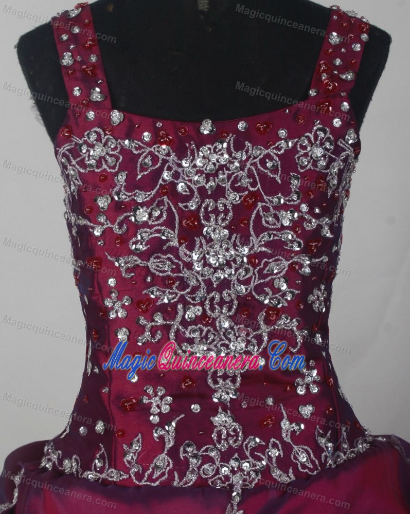 Beading Appliques and Straps Quinceanera Dresses in Wine Red