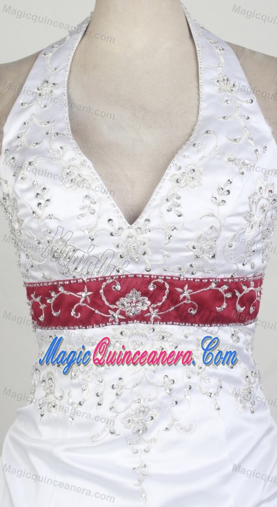 Sexy Halter White Quinceanera Gown V-neck with Red Trim