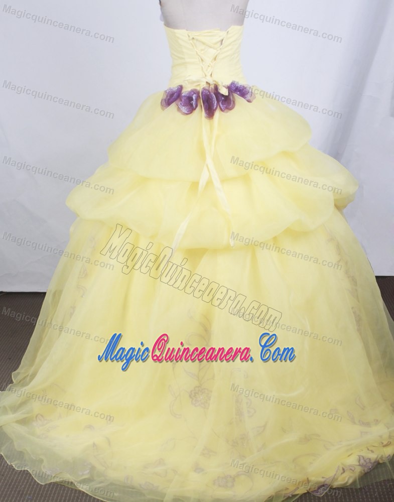 Hand Flowers Decorate Bodice Bubbled Back Yellow Quinceanera Gown