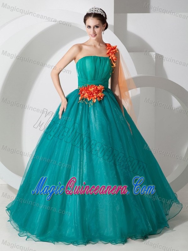 Popular Teal A-line Organza Sweet Sixteen Dresses with Flowers