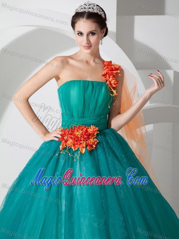 Popular Teal A-line Organza Sweet Sixteen Dresses with Flowers