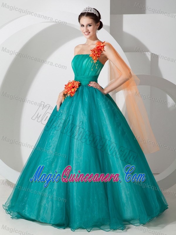 Popular Teal A-line Organza Sweet Sixteen Dresses with Flowers