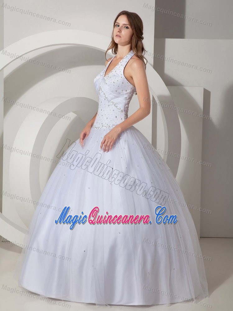 Discount White Halter Beaded Taffeta Quince Dresses in Belfast