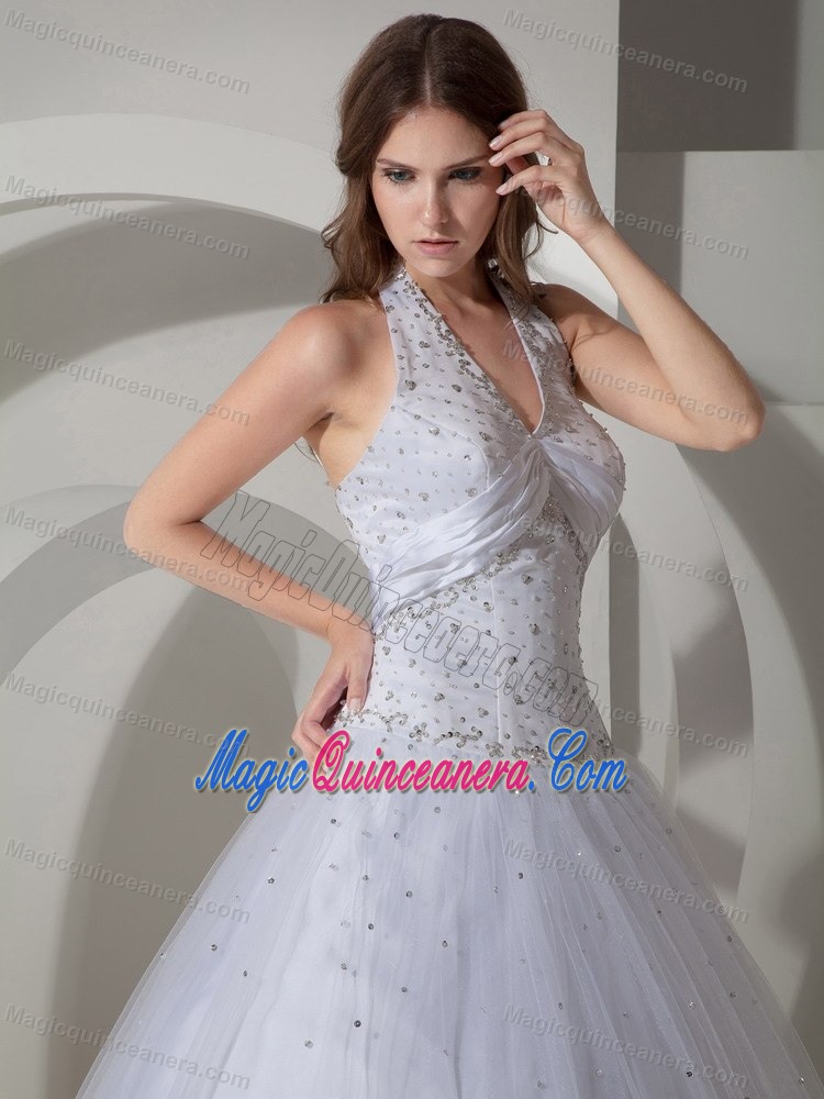 Discount White Halter Beaded Taffeta Quince Dresses in Belfast