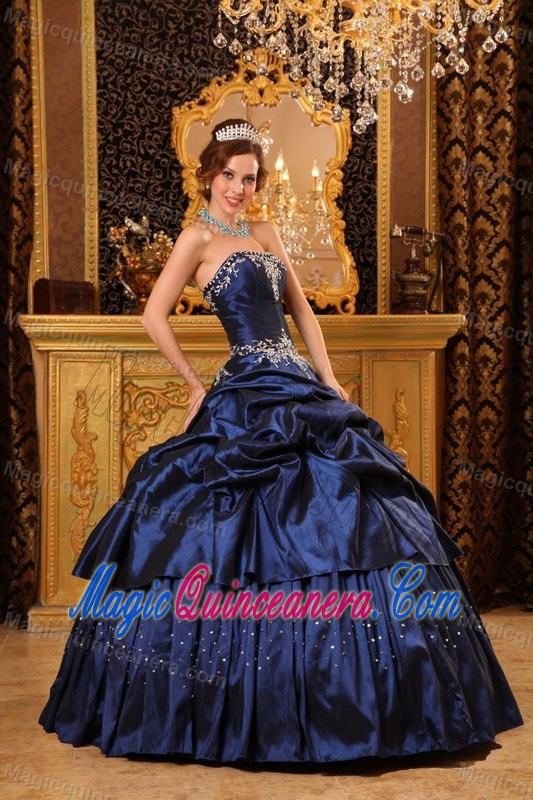 Navy Blue Pick Ups Taffeta Appliques Dress For Quinceanera in Bath