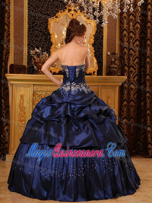 Navy Blue Pick Ups Taffeta Appliques Dress For Quinceanera in Bath