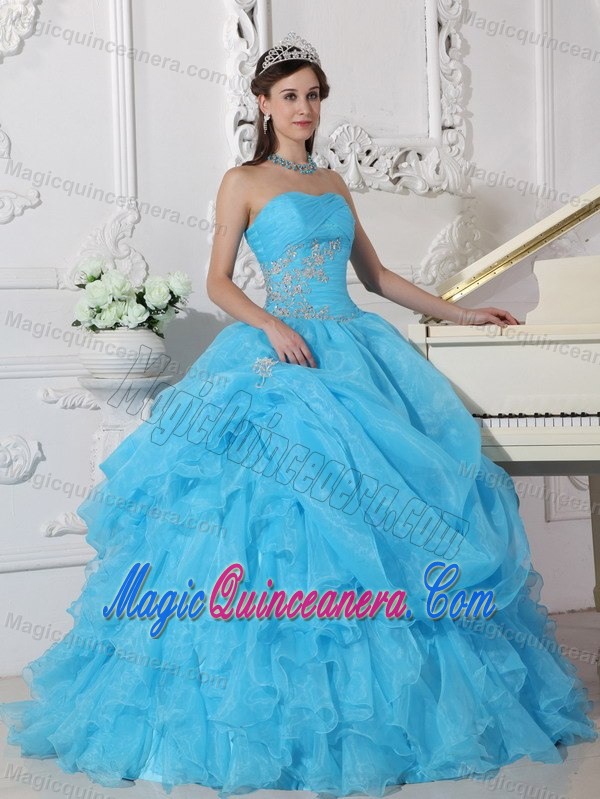 aqua Blue Ruffles Organza Appliques Quinceanera Gown in Farnborough