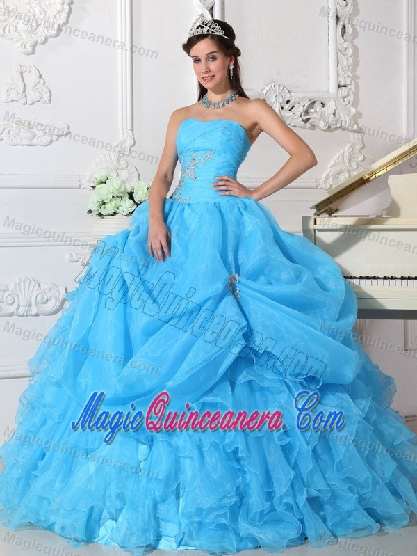 aqua Blue Ruffles Organza Appliques Quinceanera Gown in Farnborough