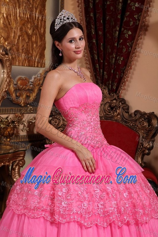 Pink Layered Quinceanera Gown with Appliques and Lace in Clifton