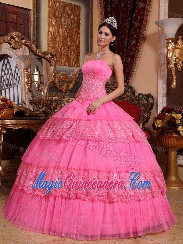 Pink Layered Quinceanera Gown with Appliques and Lace in Clifton