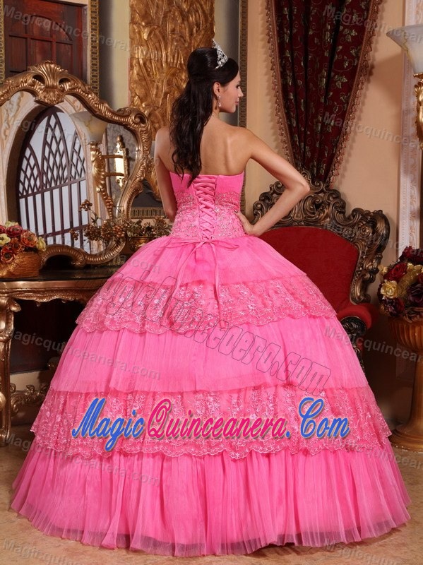 Pink Layered Quinceanera Gown with Appliques and Lace in Clifton