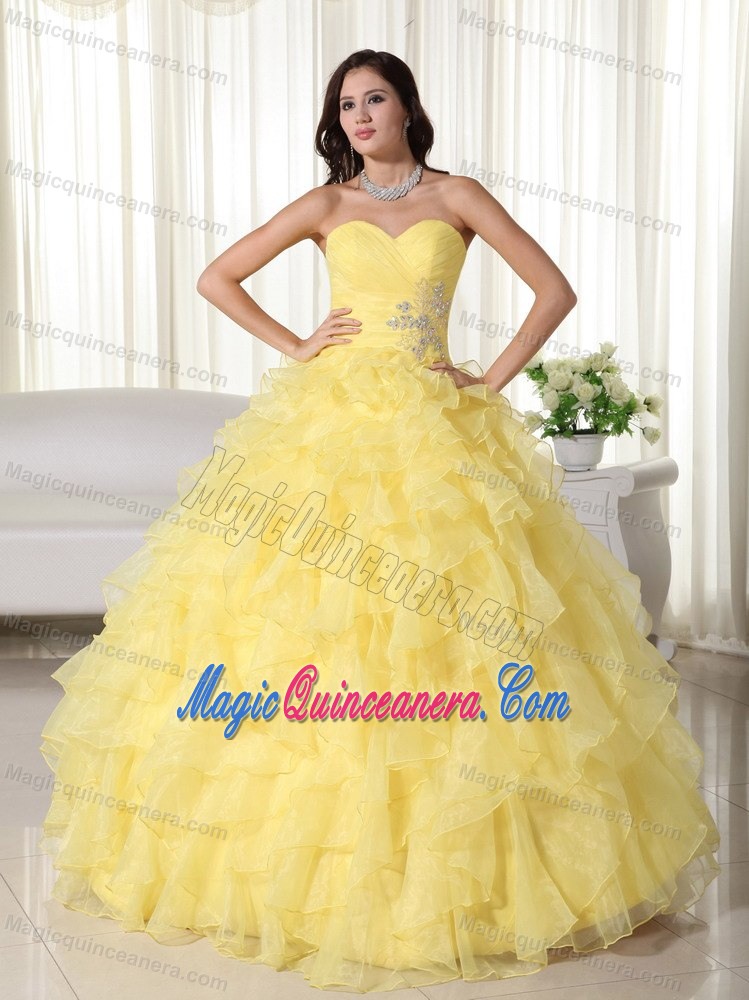 Yellow Strapless Ruffled Organza Appliques Quinceanera Dress in paris