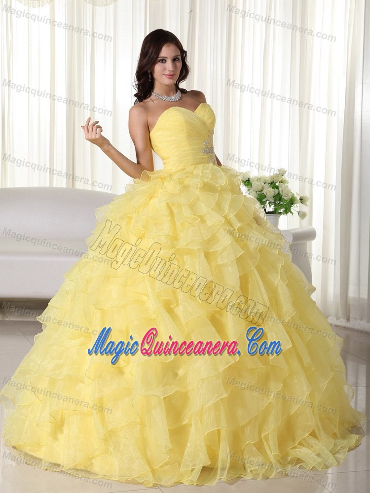 Yellow Strapless Ruffled Organza Appliques Quinceanera Dress in paris